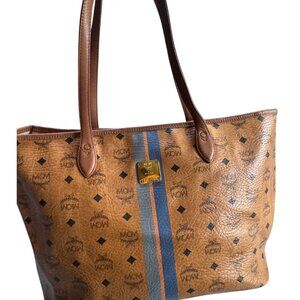 Authentic MCM Blue Stripe Tote Cognac Monogram